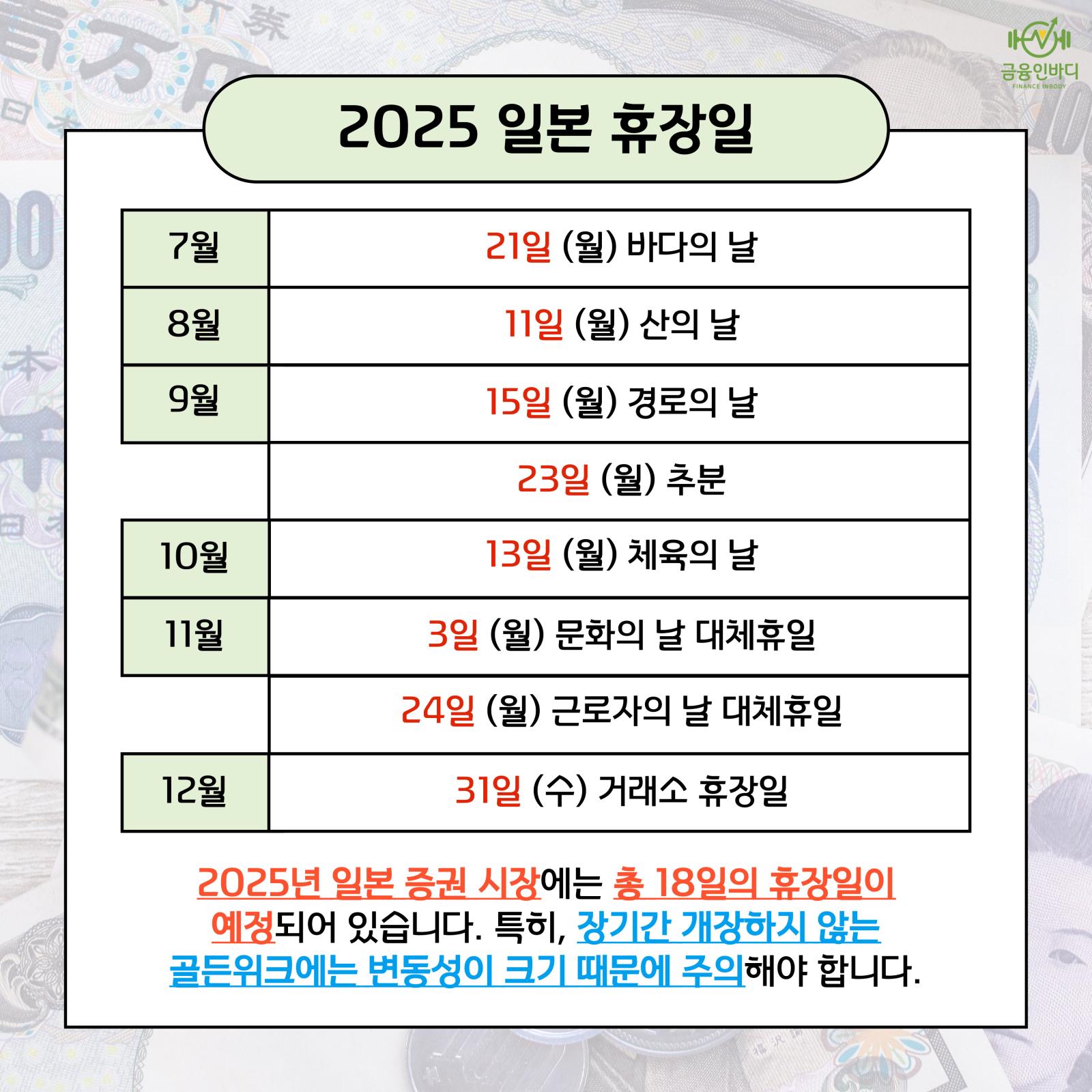 2025 일본 휴장일 (하반기)